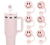 Whaline 6Pcs Smile Face Straw Covers Light Pink Double Sided Pattern Straw Tip Covers 0.4 Inch Silicone Reusable Round Straw Topper for 30 & 40 OZ Tumbler with Handle