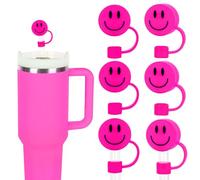 Whaline 6Pcs Smiling Face Straw Covers - Hot Pink Silicone Reusable Topper, Double Sided Pattern Tip Covers 10mm 0.4 Inch for 30 & 40 OZ Tumbler with Handle
