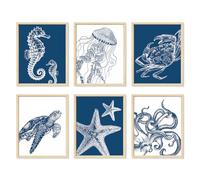 Whaline 6Pcs Under The Sea Wall Art Prints Paper Posters Blue Ocean Animal Painting Pictures for Summer Home Office Classroom Gallery Party Decor, 11 x 14 Inch, Unframed