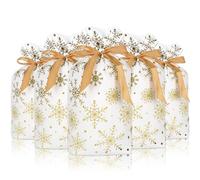 Whaline 72Pcs Christmas Plastic Drawstring Gift Bags 5.9 x 9.1 Inch White Gold Snowflake Treat Bags with Gold Ribbon Candy Goodies Bags for Winter Xmas Party Supplies