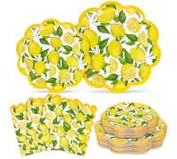 Whaline 72Pcs Lemon Tableware Set Watercolor Lemon Fruit Party Decor Supplies Summer Scalloped Yellow Paper Disposable Plates and Napkins for 24 Guests Party Supplies Table Decor