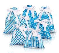 Whaline 7pcs Christmas Fabric Gift Bags Drawstring Bag Cotton Storage Sack with 7 Tags Blue Present Bags Goodie Treat Bags Favors Bags for Xmas Party Decorations Supplies