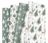 Whaline 8 Sheets Christmas Wrapping Paper - Not Roll - Sage Green Xmas Tree Ball Snowflake Deer Gift Wrap Paper Folded Flat for DIY Crafts Winter Birthday Holiday, 19.7 x 27.6 Inch