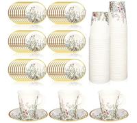 Whaline 80 Pcs Spring Floral Paper Tea Cups and Saucers 9 oz Vintage Wildflower Disposable Paper Tea Cups with Handle and Plates for Wedding Birthday Bridal Baby Shower Mother's Day Tea Party Decor