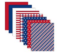 Whaline 8Pcs Patriotic Cotton Fabric Bundles Red Blue White Star Stripe 4th of July Quilting Patchwork for Independence Day DIY Handmade Craft Party Decor, 10 x 10 Inch