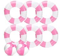 Whaline 8Pcs White Pink Inflatable Swimming Float Toy Set Striped 22.8 in Swim Ring 9 in Beach Ball Fun Print Pool Tube Pool Ball for Teen Boy Girl Summer Swimming Beach Party