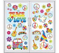Whaline 9 Sheets 60’s Hippie Window Clings Retro Double-Sided Colorful Flowers Gnome Window Stickers Hippie Groovy Peace & Love Window Decals for Home School Office