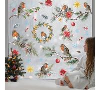 Whaline 9 Sheets Christmas Window Cling Sticker Winter Bird Pine Branch Reusable Window Decals for Home Office Classroom Party Decor