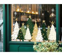 Whaline 9 Sheets Christmas Window Clings Window Decals White Green Gold Xmas Tree Snowflake Reusable Anti-Collision Windows Decor for Winter Home Glass Mirror Decor