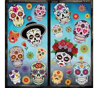 Whaline 9 Sheets Day of The Dead Window Clings Halloween Double-Sided Sugar Skull Design Window Stickers Colorful Flower Patterns Window Decals for Mexican Haunted House School Office