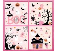 Whaline 9 Sheets Pink Halloween Window Clings Cute Boo Ghost Pumpkin Bat Reusable Window Decals for Home Classroom Office Glass Decor Happy Boo Day Party Supplies