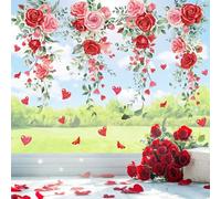 Whaline 9 Sheets Spring Rose Flower Hanging Vine Window Cling Stickers Eucalyptus Leaves Reusable Window Decals Red Pink Flower Window Stickers for Wedding Party Home Decoration