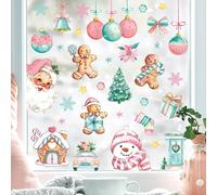 Whaline 9 Sheets Vintage Christmas Window Cling Stickers Pink Gingerbread Santa Snowman Reusable Window Decals Xmas Watercolor Windows Decoration for Winter Party Home Office Classroom