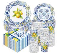 Whaline 96Pcs Capri Lemon Tableware Set Blue Tiles Yellow Lemon Disposable Dinnerware 24 9'' Plates 24 7'' Plates 24 Napkins 24 9oz Cups for Summer Birthday Party, Serves 24