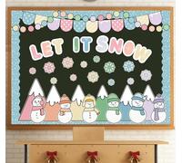 Whaline 99Pcs Winter Bulletin Board Decoration Kit Pastel Snowman Snowflake Mountain Paper Bulletin Board Set Let It Snow for Winter Christmas Party Supplies