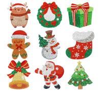 Whaline 9Pcs Christmas Diamond Art Coasters Santa Style Diamond Painting Coasters Snowman Gingerbread Xmas Modelings Cup Mats with Holder for Car Home Table DIY Supplies