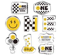 Whaline 9Pcs One Happy Dude Party Favor Cookie Cutter Birthday Biscuit Cutters Letters Plaques Numbers Shape Cookie Cutting Molds for Parties DIY Craft Baking Supplies