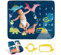Whaline Baby Monthly Milestone Blanket Dinosaur Theme Newborn Photography Photo Prop Blanket Backdrop with 2 Frames Cartoon Soft Baby Growth Photo Blanket for Girls Boys Shower Gift, 50 x 40