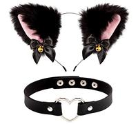 Whaline Black Cat Ear Headband with Bell Heart Chocker Necklace Girl Plush Furry Cat Ear Hair Band for Girl Women Adult Cosplay Party Fancy Dress Halloween Drama, 2Pcs