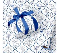 Whaline Blue Floral Wrapping Paper - Mini Roll - 17 In x 32.8 Ft Reversible Chinoiserie Gift Wrap Watercolor Botanical Flower Craft Paper for Birthday Anniversary Wedding