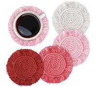 Whaline Boho Macrame Coasters Set of 4 Handmade Red Pink White Woven Coaster for Drinks Bohemian Cup Mat with Tassel for Kinds of Mugs and Cups Coffee Home Kitchen Office Wooden Table Decor