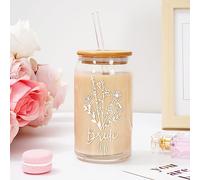 Whaline Bride Wedding Drinking Glasses 16oz Flower Glasses Cup with Bamboo Lids Glass Straw Cleaning Brushes Bride Shower Ice Coffee Cup for Cocktails Whiskey Beer Soda Wedding Gifts