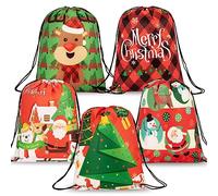 Whaline Christmas Drawstring Gift Bags Large Xmas Tree Reindeer Santa Backpack 5 Pack Reusable Treat Goody Wrapping Bags for Birthday Christmas Party Favors, 12.8" x 16.3"