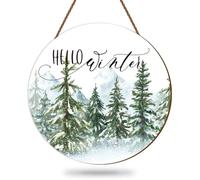 Whaline Christmas Hello Winter Wooden Hanging Sign Christmas Pine Trees Welcome Door Sign Xmas Winter Holiday Farmhouse Rustic Wreath Sign for Indoor Outdoor Home Wall Window Decor