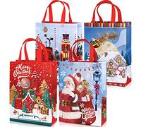 Whaline Christmas Non-Woven Tote Bags, 4 Pack - Large Size, Waterproof, Reusable Gift Bags with Handles - Santa, Xmas Tree Designs - Perfect for Holidays & Daily Use