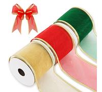 Whaline Christmas Organza Ribbon Rolls - 3 Rolls Red, Green, Yellow Sheer Ribbon with Gold Wire Edge and 2.5 Inch Width for Gift Wrapping, Xmas Tree, Holiday Wreath, Bow Craft