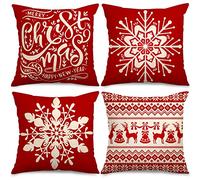 Whaline Christmas Pillow Case Red White Pillow Cover Snowflake Cushion Cases Throw Cushion Cover for Home Office Sofa Bed Christmas New Year Party Decor, 4Pcs, 18" x 18"