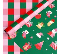 Whaline Christmas Wrapping Paper -Mini Roll- 17 In x 32.8 Ft Red Green Pink Tree Stocking Bell Plaid Gift Wrap Paper for Xmas Winter Wrapping Supplies, Double-Sided