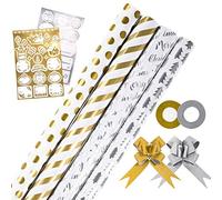 Whaline Christmas Wrapping Paper Set,Including 8 Sheets Christmas Gift Wrapping Paper,2 Rolls Ribbons,20Pcs Christmas Pull Bows and 2 Sheets Gift Tag Stickers,for Xmas Gift Pack,DIY Craft(Silver&Gold)