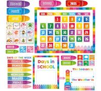 Whaline Colorful Crayon Calendar Bulletin Board Decorations Watercolor Crayon Classroom Calendar Set with Chart Cutouts for Back to School Party Supplies