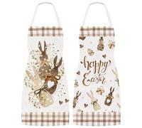 Whaline Easter Bunny Aprons Brown Bow Rabbit Plaid Adjustable Kitchen Aprons Happy Easter Cooking Aprons for Spring Holiday Home Party Supplies, Set of 2, Brown, 21.7 x 26.8 inch