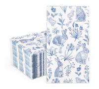 Whaline Easter Guest Napkins Paper Napkins Blue White Retro Bunny Rabbit Chinoiserie Floral Disposable Bathroom Hand Towels for Spring Bridal Baby Shower Party Dinner Table Supplies, 50 Pcs