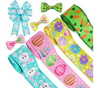Whaline Easter Wired Edge Ribbon 30 Yard Easter Egg Bunny Rabbit Carrot Ribbon Pastel Spring Color Craft Ribbon Fabric Decorative Wrapping Ribbon Roll for Gift Hair Bow Sewing Crafts Supplies, 4 Roll