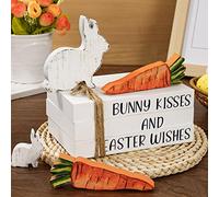 Whaline Easter Wooden Tiered Tray Decor Easter Bunny Faux Decorative Stacked Books Bundle Vintage White Black Wooden Block Sign with Easter Bunny Carrot Cutout for Easter Kitchen Home Table Decor