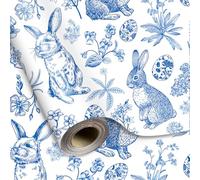 Whaline Easter Wrapping Paper -Mini Roll- 17 In x 32.8 Ft Blue Bunny Rabbit Egg Flower Gift Wrap Paper for Easter Spring Party Wrapping Supplies