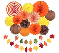 Whaline Fall Party Decorations, Orange Hanging Paper Fans Autumn Paper Pompoms Paper Lanterns Maple Leaves Bunting Garlands for Thanksgiving Celebration, Birthday Decor (16 Pcs)