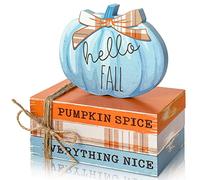 Whaline Fall Wooden Tiered Tray Decor Faux Decorative Stacked Books Bundle Wooden Pumpkin Decor Hello Fall Wooden Block Sign for Autumn Thanksgiving Farmhouse Rustic Decor Kitchen Home Decoration