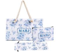 Whaline Floral Empty Mahjong Bag Set Blue White Chinoiserie Flower Mahj Carrying Bag with Handle Tile Bags and Drawstring Bags for American Mahjong Tiles Trays Racks