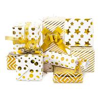Whaline Gift Wrapping Paper Set 8 Sheet White Gold Wrapping Paper with 10 Pull Bows & 24 Yard Glitter Ribbon Star Dot Stripe Foil Decorative Art Paper for Birthday Christmas Valentine's Day