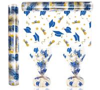 Whaline Graduation Cellophane Wrap Roll 100Ft x 16In 2.5Mil Blue Gold Grad Cap Cellophane Paper Clear Cello Wrapping Paper for Treat Basket Party Favor