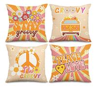 Whaline Groovy Hippie Boho Pillow Covers 18 x 18 Inch Retro Groovy Throw Pillow Cover Set of 4 Colorful Boho Daisy Flowers Linen Cushion Cover for Birthday Holiday Home Couch Sofa Decoration