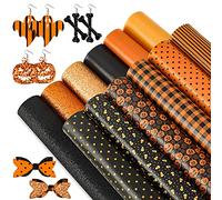 Whaline Halloween Faux Leather Sheets 8 x 12 Inch Pumpkin Plaid Dots Stripe Synthetic Leather Fabric Glittery Black Orange Faux Leather for Halloween DIY Craft Earring Hair Bow, 12 Sheet