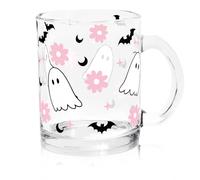 Whaline Halloween Glass Coffee Mugs with Handle Pink White Ghost Flower Bat Coffee Cups Halloween Drinking Glasses for Iced Coffee Soda Cocktail, 12oz