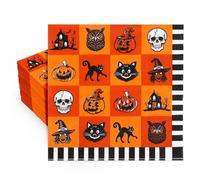 Whaline Halloween Paper Napkins Vintage Luncheon Napkin Orange Black Cat Disposable Dessert Dinner Hand Napkin for Home Kitchen Restaurant Party Supplies, 50 Pcs