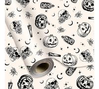 Whaline Halloween Wrapping Paper -Mini Roll- 17 In x 32.8 Ft Beige Black Skull Pumpkin Viper Gift Wrap Paper for Halloween Wrapping Supplies