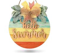 Whaline Hello Summer Wooden Hanging Sign Summer Welcome Sign Front Door with Bow Rustic Gradient Color Wood Sign Door Hanger for Holiday Farmhouse Home Office Shop Window